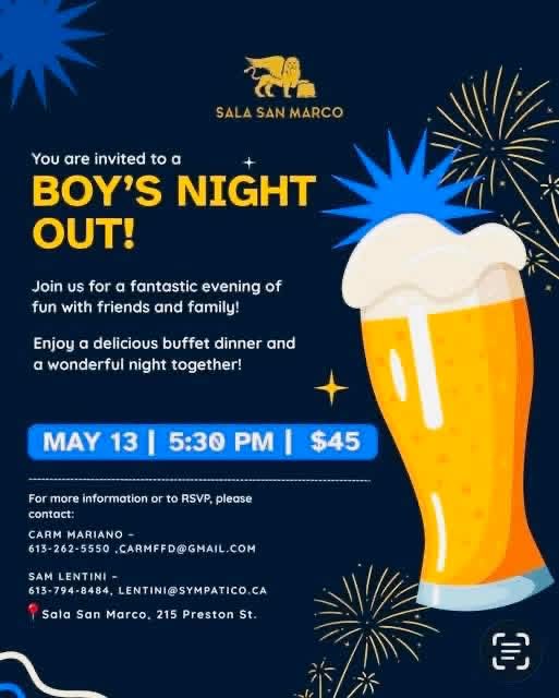Invito Boy's Night Out — Sala San Marco, 13 maggio, ore 17:30