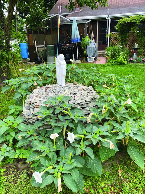 Una statua della Madonna veglia sul giardino tra i fiori bianchi